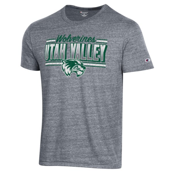 wolverines cursive and Utah valley big block letters and mascot under that